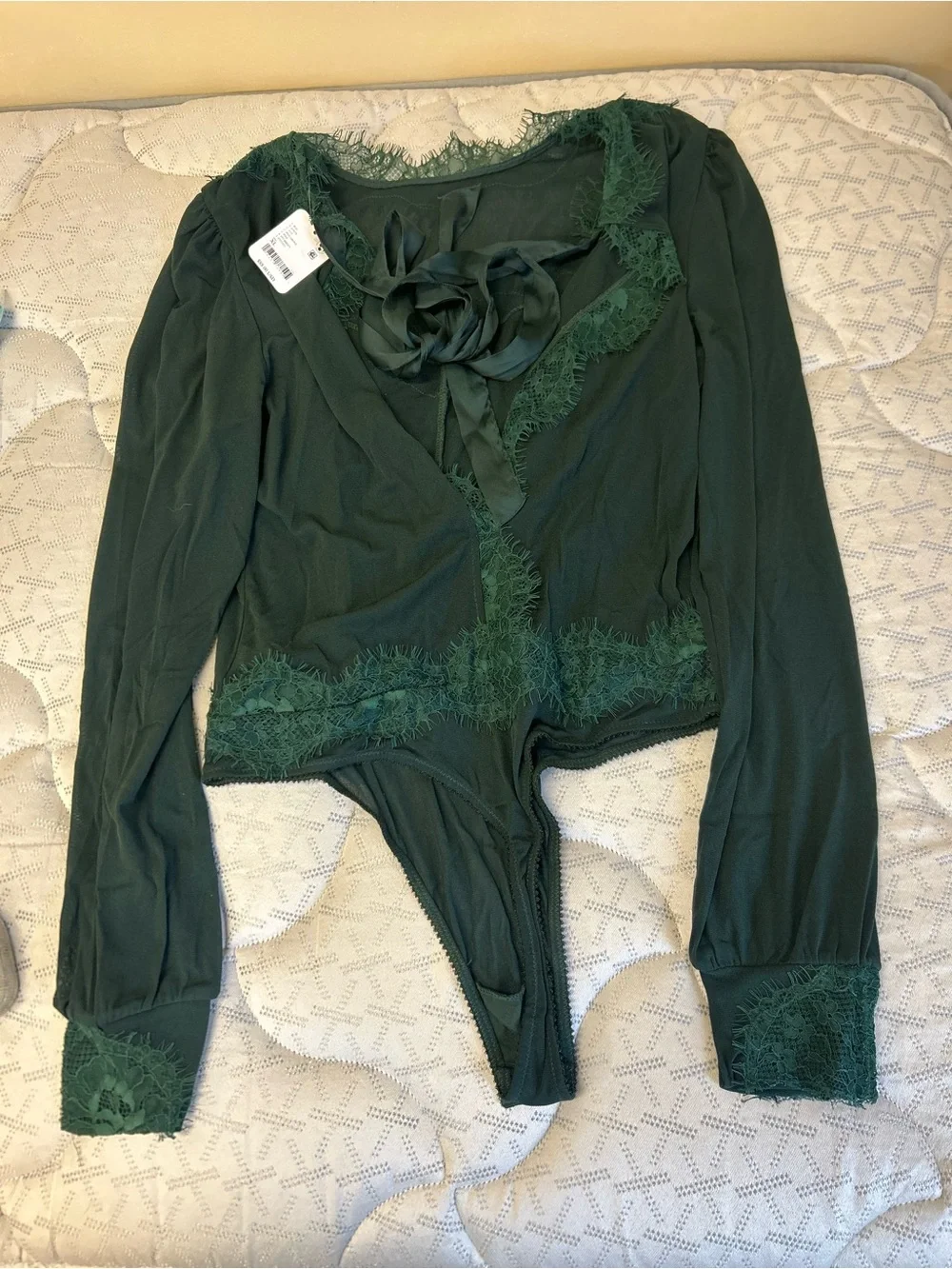 Free People Forest Green Lace Long Sleeve Bodysuit